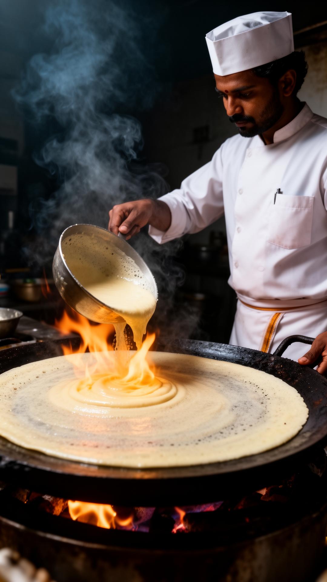 Chef pouring dosa batter
